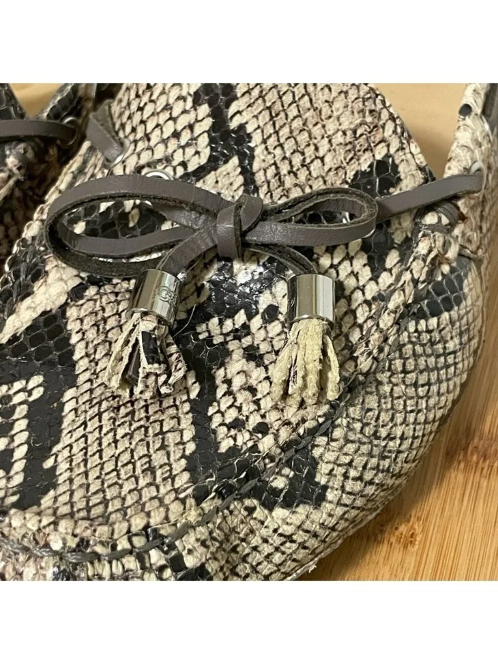 Cole Haan Garnet Snakeprint Loafers Brown Black Leather Mocs Tassel Size 7.5